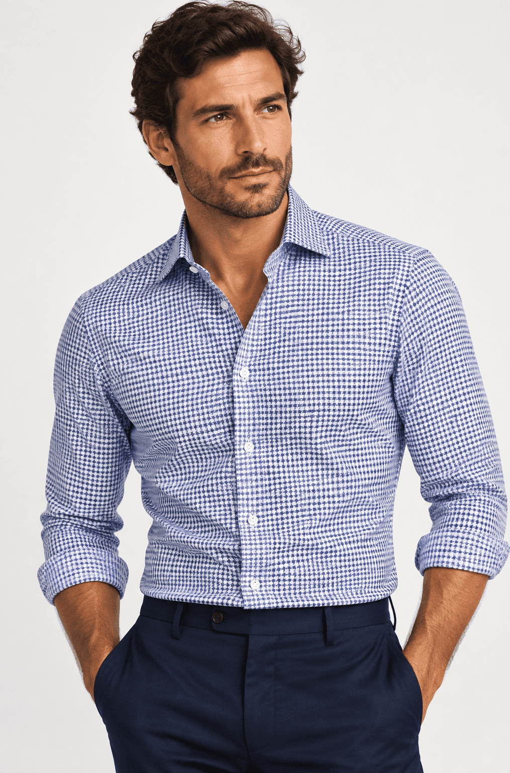Camicia uomo Sonrisa pied de poule bianca e blu in cotone - 3