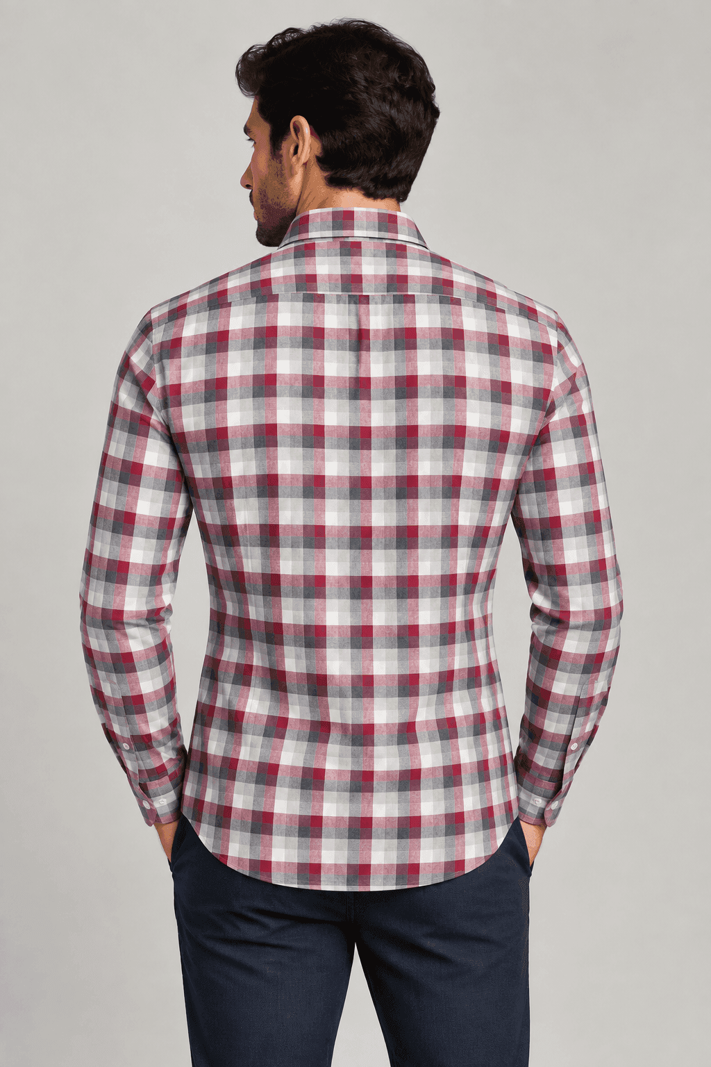 Camicia uomo Del Siena in cotone a quadri rossi, bianchi e grigi - 2