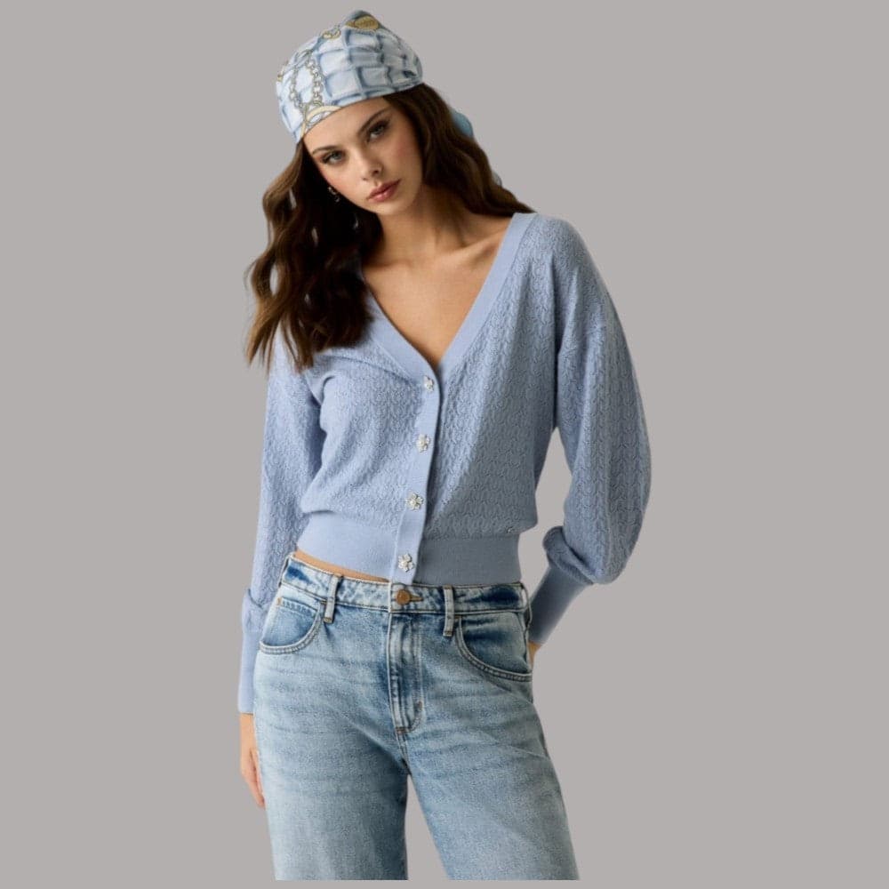 Cardigan Guess Nina con bottoni gioiello e scollatura a V – Polvere