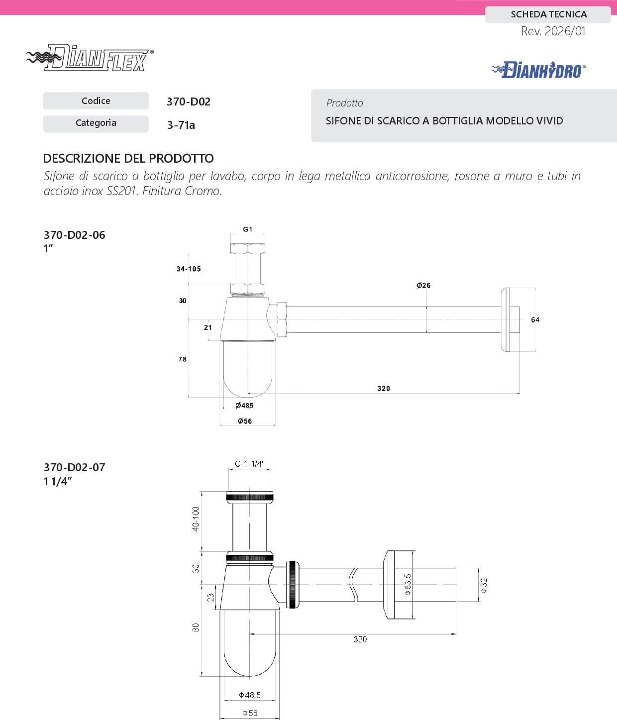 SIFONE DI SCARICO A BOTTIGLIA MODELLO VIVID- 11/4 Cromo- DH- pezzi 1 - 2