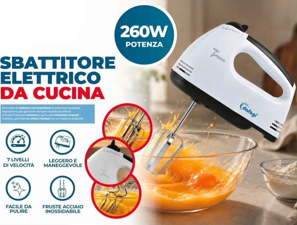 SBATTITORE ELETTRICO DA CUCINA PROFESSIONALE MANUALE 7 VELOCITÀ 260W DOPPIA FRUSTA ACCIAIO - 2