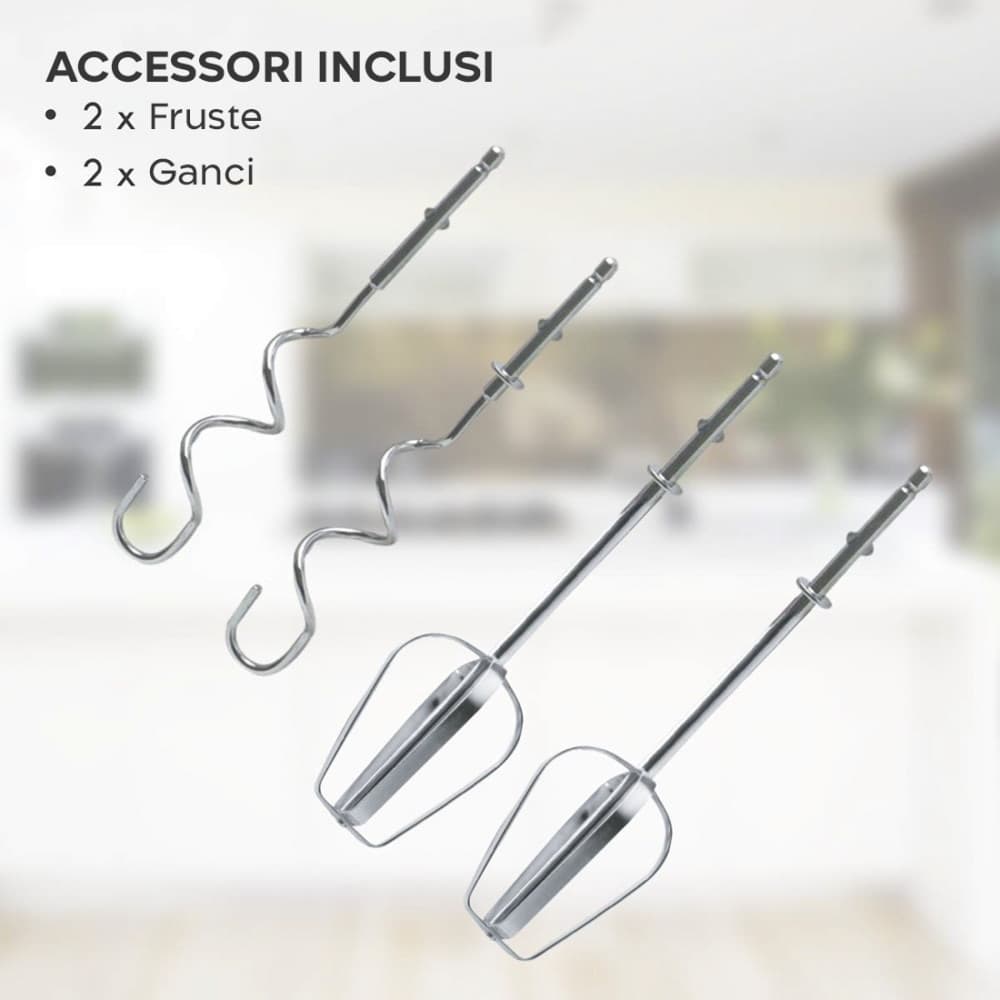 SBATTITORE ELETTRICO DA CUCINA PROFESSIONALE MANUALE 7 VELOCITÀ 260W DOPPIA FRUSTA ACCIAIO - 5