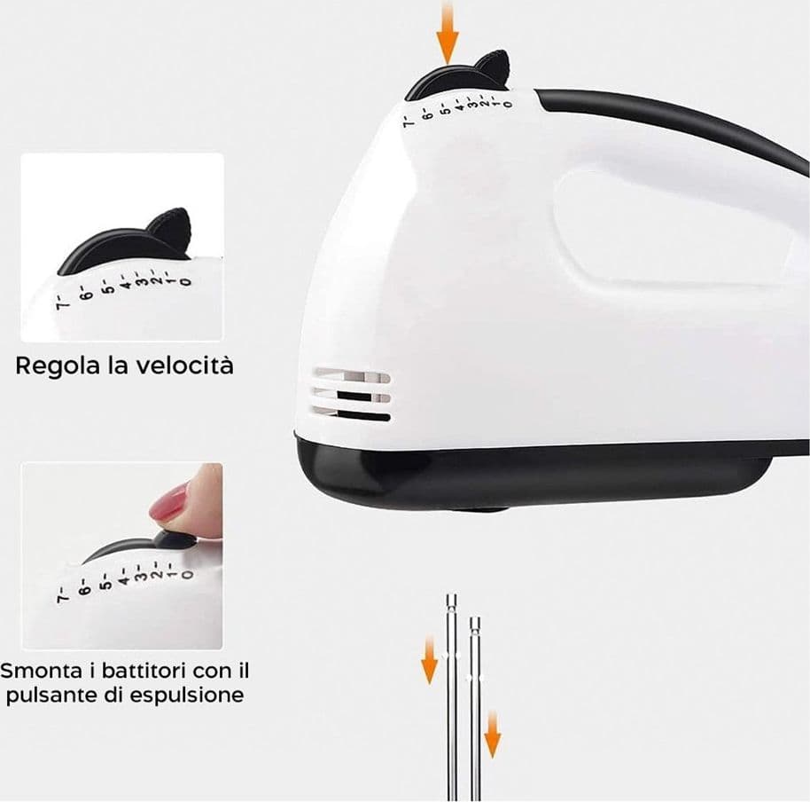 SBATTITORE ELETTRICO DA CUCINA PROFESSIONALE MANUALE 7 VELOCITÀ 260W DOPPIA FRUSTA ACCIAIO - 6