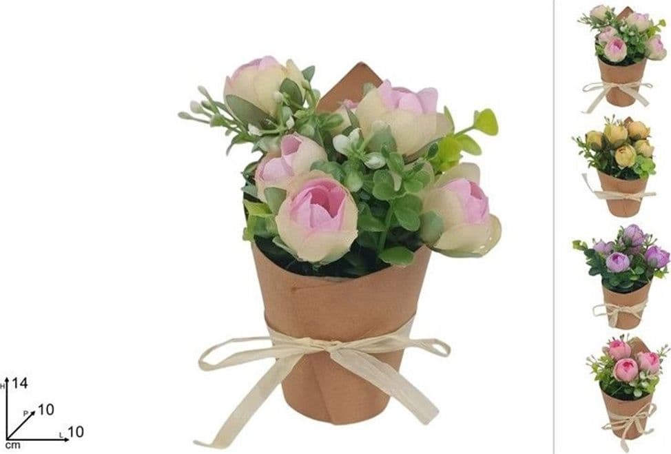 SET 12PZ BOUQUET DI FIORI FINTI PIANTINA DI ROSE CON CARTONCINO FIOCCO 4 COLORI 656860 - 2