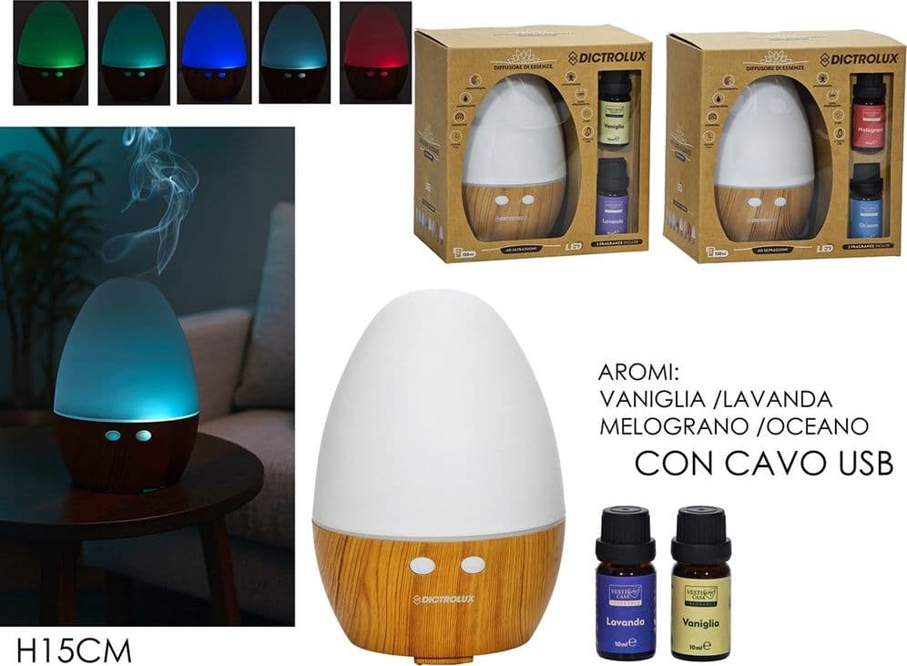 DIFFUSORE DI ESSENZE A ULTRASUONI UMIDIFICATORE CROMOTERAPIA LED 130 ML CON 2 FRAGRANZE - 2