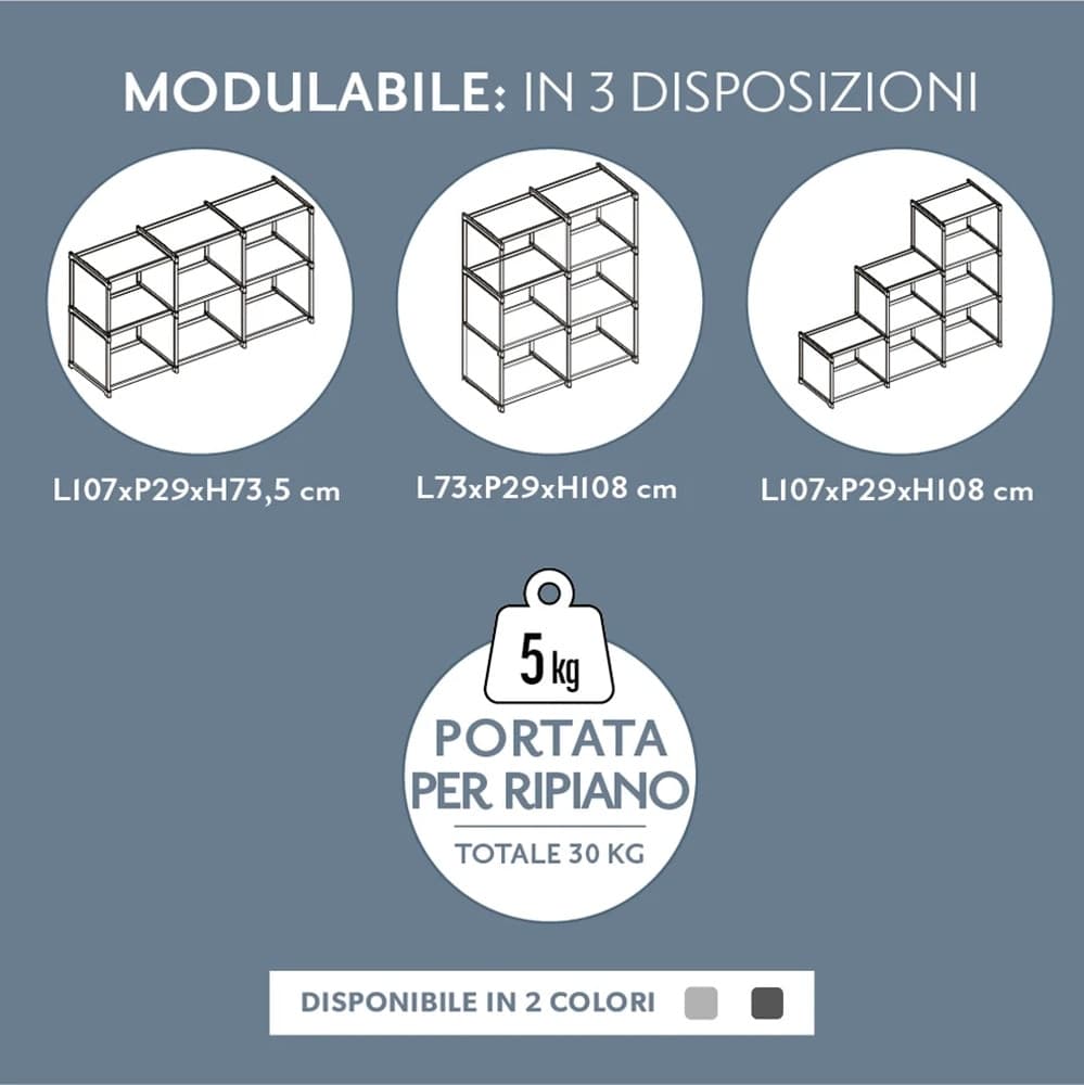 SCAFFALE MULTIUSO ORGANIZZATORE MODULABILE A 6 SCOMPARTI PORTATA 5KG PER RIPIANO 2 COLORI - 7