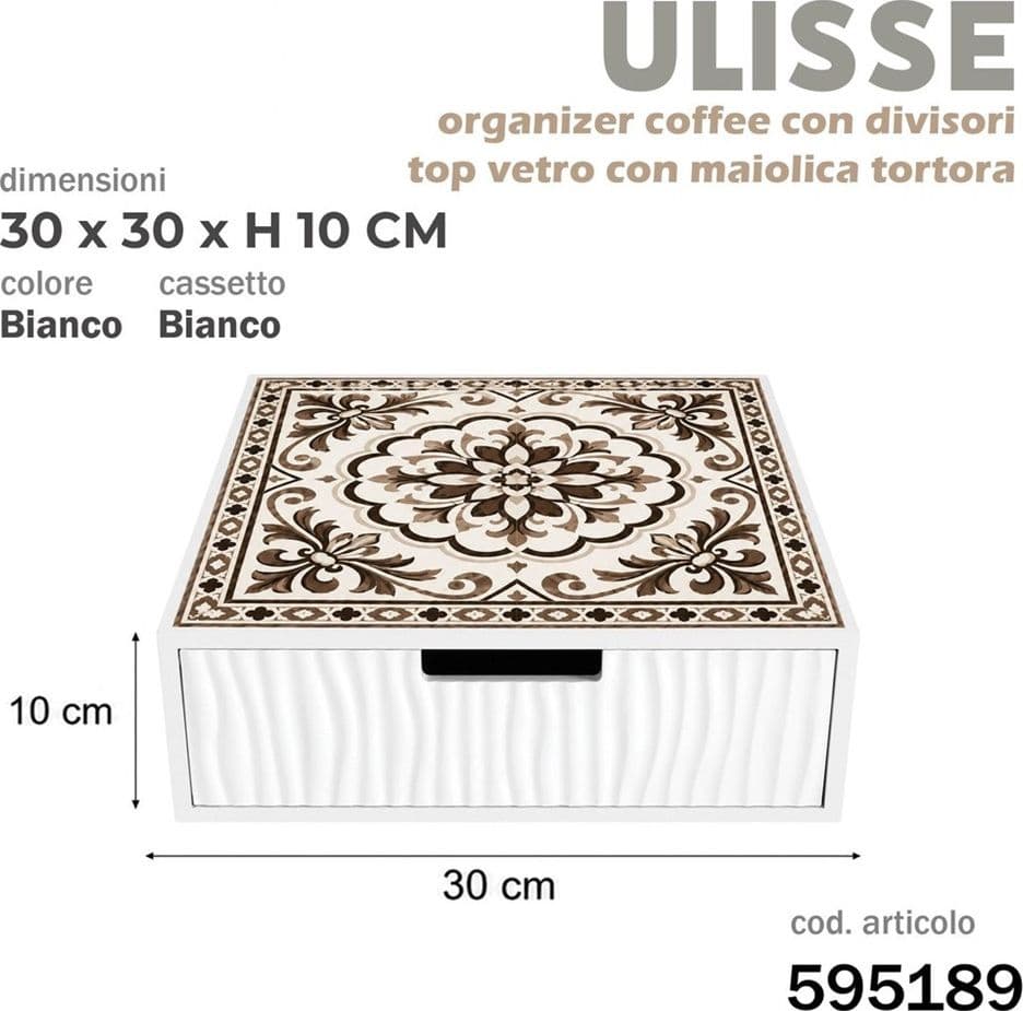 CASSETTO ORGANIZER PORTA CAPSULE CIALDE BIANCO TOP VETRO MAIOLICA TORTORA DIVISORI 595189 - 2