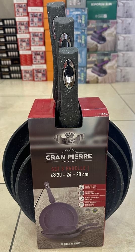 SET TRIS PADELLE ⌀20-24-28CM ANTIADERENTI EFFETTO PIETRA FONDO INDUZIONE MANICO ERGONOMICO - 2