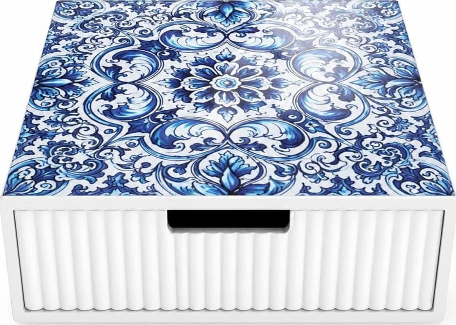 CASSETTO ORGANIZER PORTA CAPSULE CIALDE BIANCO TOP VETRO CON MAIOLICA BLU DIVISORI 595134