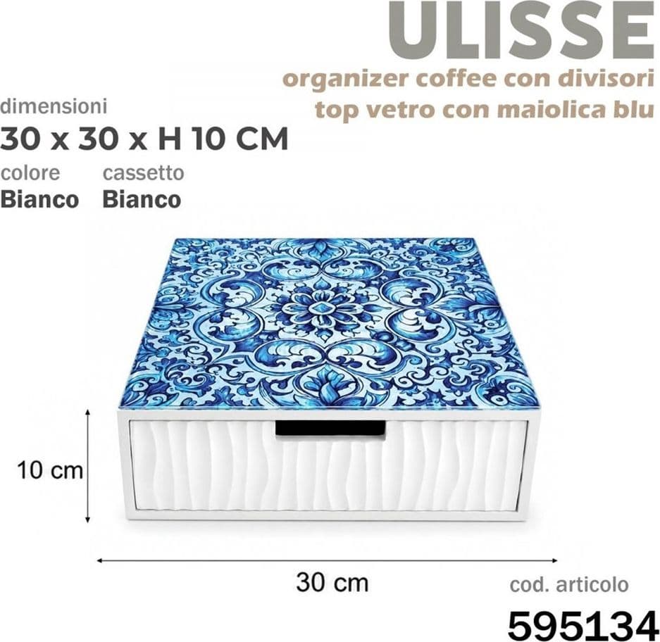 CASSETTO ORGANIZER PORTA CAPSULE CIALDE BIANCO TOP VETRO CON MAIOLICA BLU DIVISORI 595134 - 2