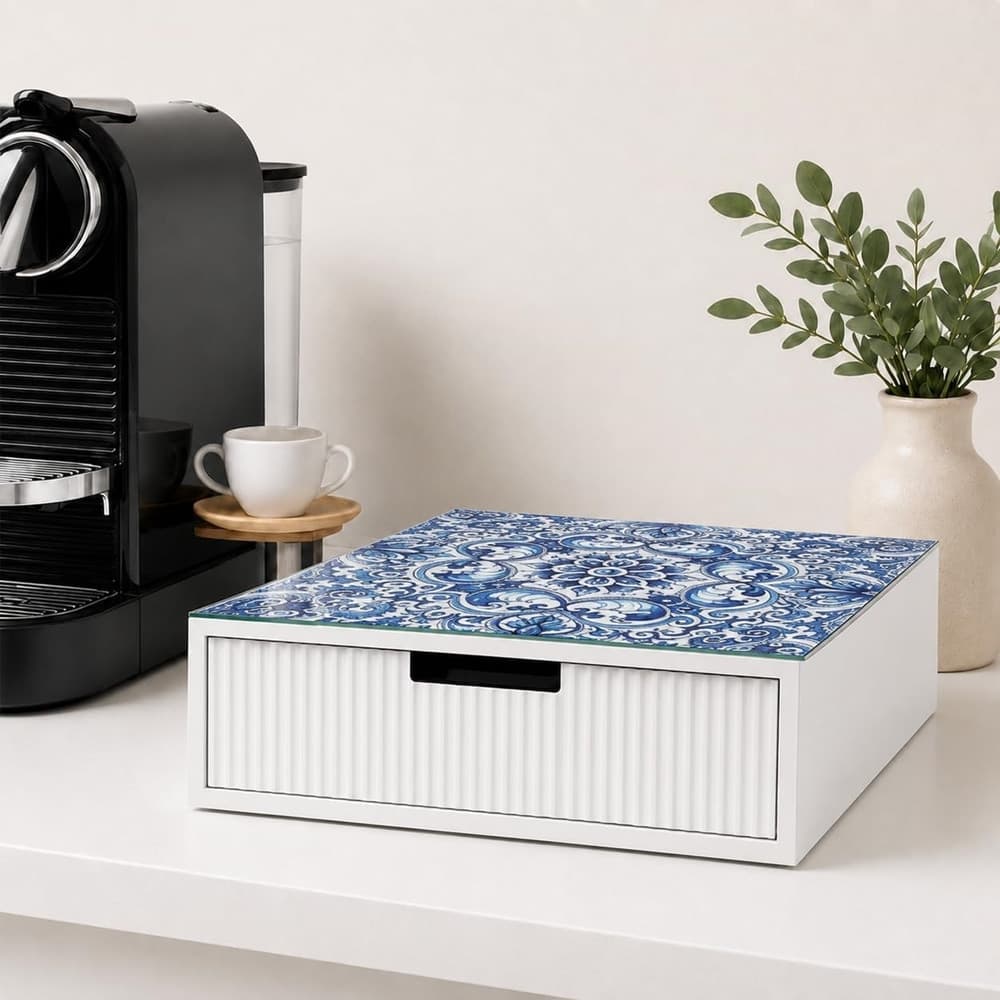 CASSETTO ORGANIZER PORTA CAPSULE CIALDE BIANCO TOP VETRO CON MAIOLICA BLU DIVISORI 595134 - 3