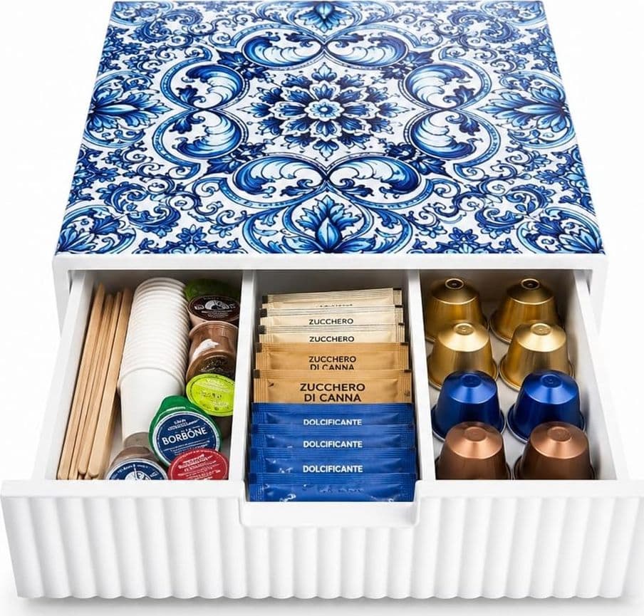 CASSETTO ORGANIZER PORTA CAPSULE CIALDE BIANCO TOP VETRO CON MAIOLICA BLU DIVISORI 595134 - 4