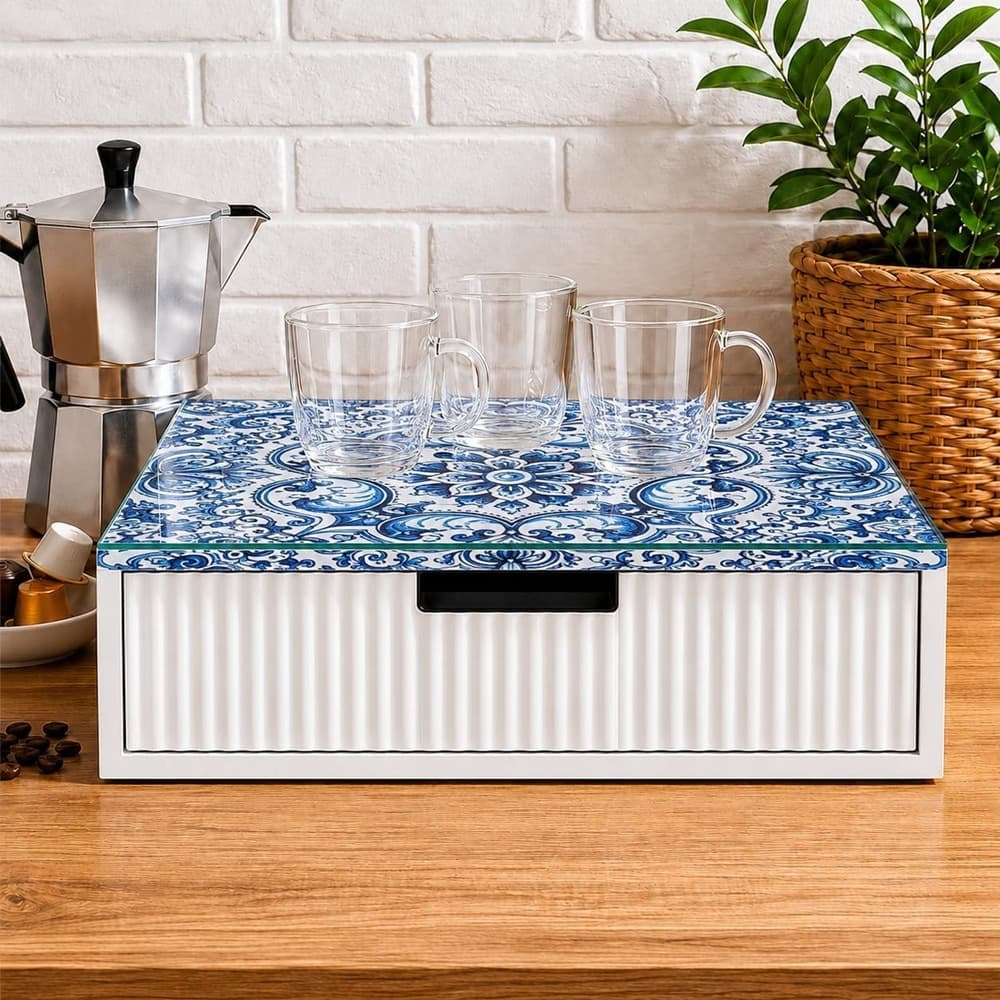 CASSETTO ORGANIZER PORTA CAPSULE CIALDE BIANCO TOP VETRO CON MAIOLICA BLU DIVISORI 595134 - 5