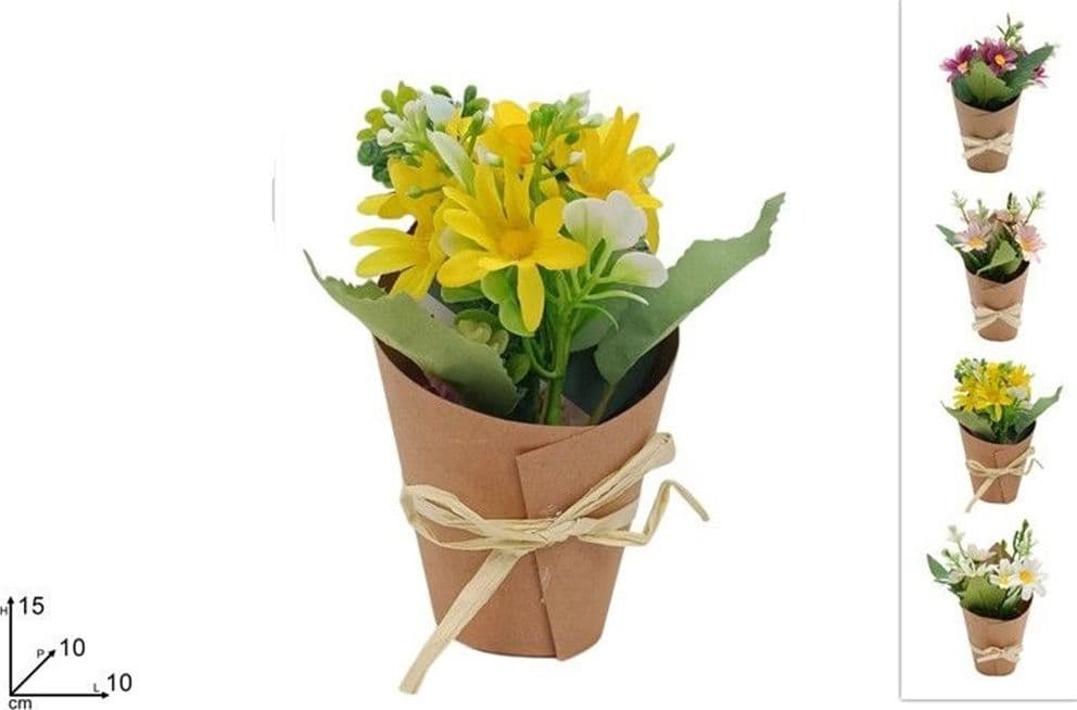 SET 12 PZ BOUQUET DI FIORI FINTI PIANTINA MARGHERITE 4 COLORI CON CARTONCINO FIOCCO 656839 - 2