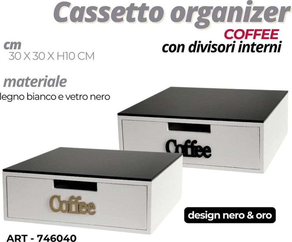 CASSETTO ORGANIZER PORTA CAPSULE CIALDE MDF BIANCO COFFEE CON DIVISORI 30X30XH10CM 746040 - 2