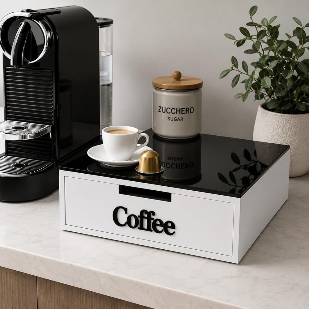 CASSETTO ORGANIZER PORTA CAPSULE CIALDE MDF BIANCO COFFEE CON DIVISORI 30X30XH10CM 746040 - 4