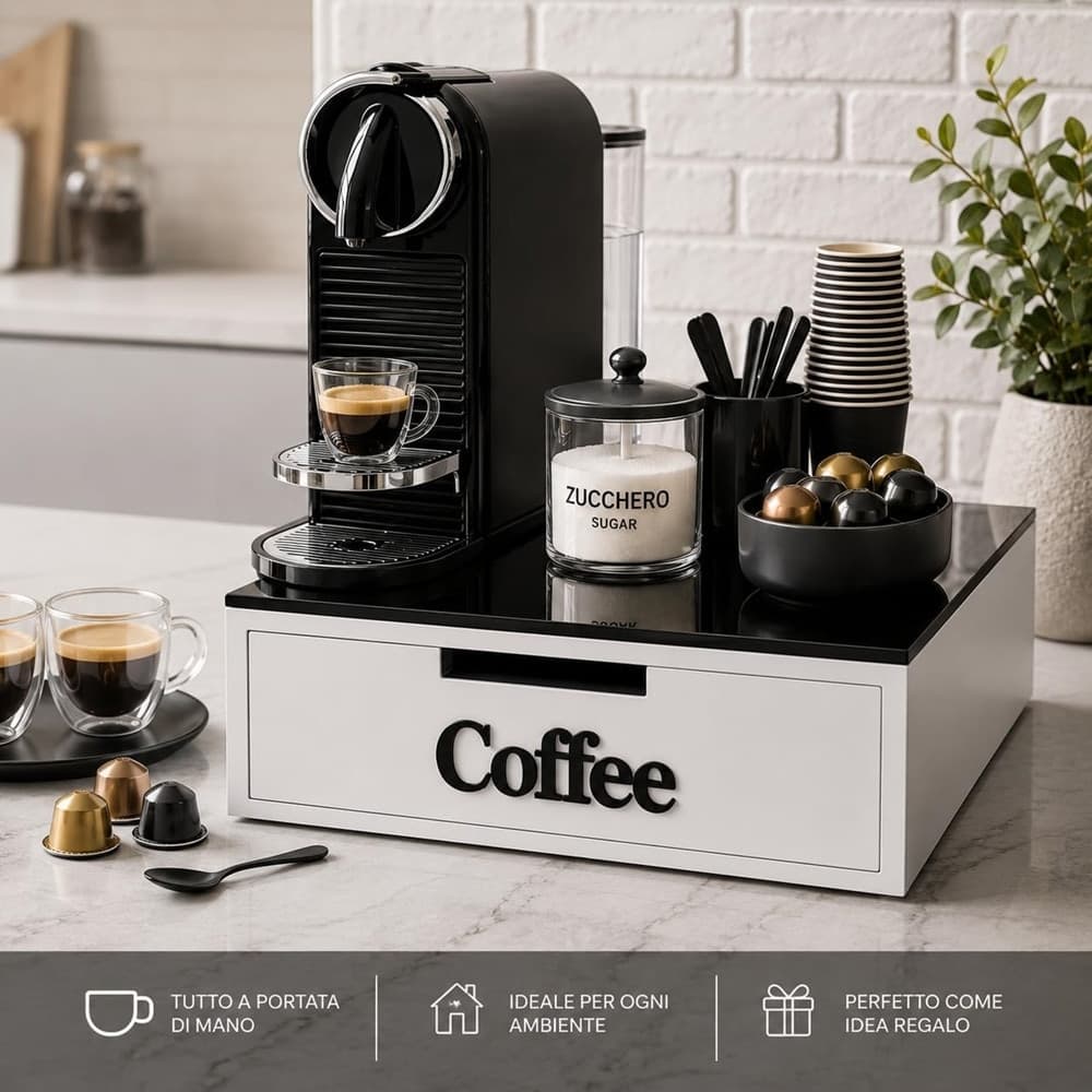 CASSETTO ORGANIZER PORTA CAPSULE CIALDE MDF BIANCO COFFEE CON DIVISORI 30X30XH10CM 746040 - 5