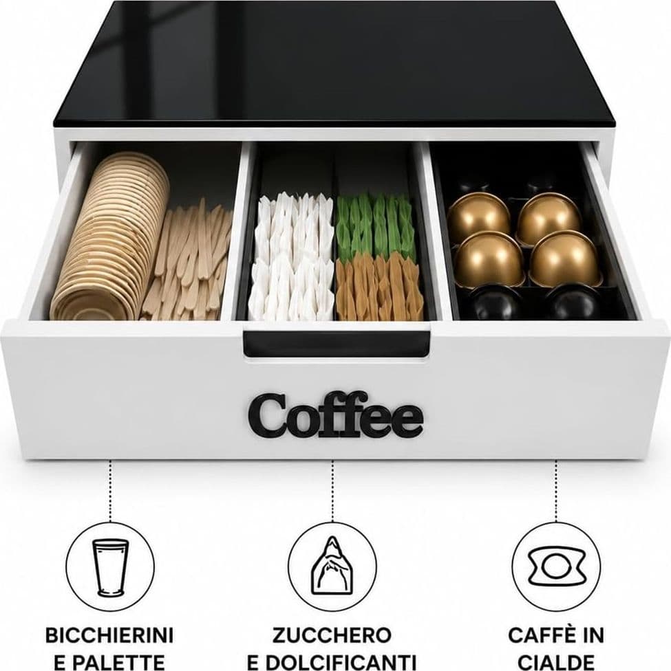 CASSETTO ORGANIZER PORTA CAPSULE CIALDE MDF BIANCO COFFEE CON DIVISORI 30X30XH10CM 746040 - 6
