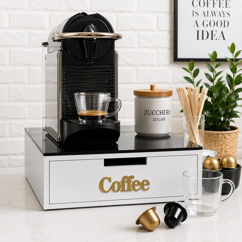 CASSETTO ORGANIZER PORTA CAPSULE CIALDE MDF BIANCO COFFEE CON DIVISORI 30X30XH10CM 746040 - 8