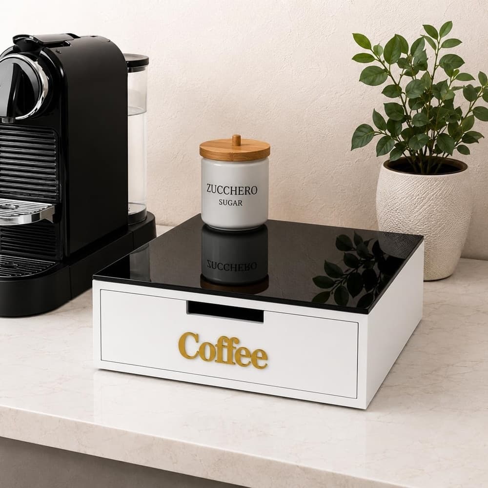 CASSETTO ORGANIZER PORTA CAPSULE CIALDE MDF BIANCO COFFEE CON DIVISORI 30X30XH10CM 746040 - 9