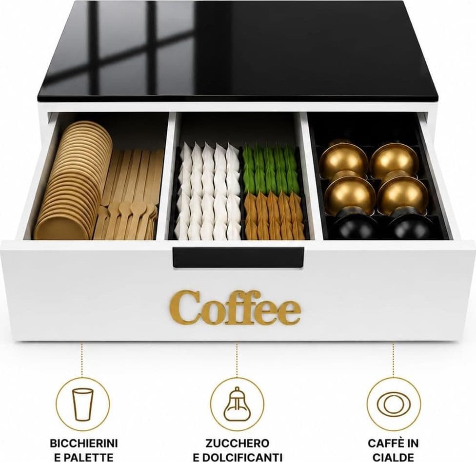 CASSETTO ORGANIZER PORTA CAPSULE CIALDE MDF BIANCO COFFEE CON DIVISORI 30X30XH10CM 746040 - 10