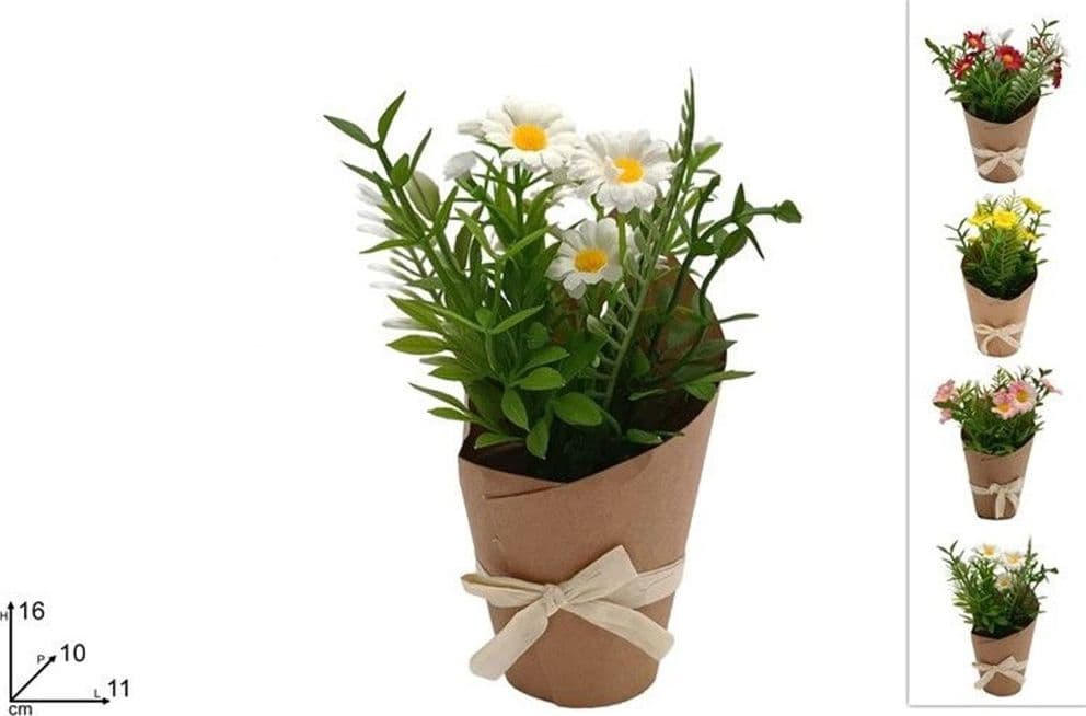 SET 12PZ BOUQUET DI FIORI FINTI PIANTINA MARGHERITE CON CARTONCINO FIOCCO 4 COLORI 656815 - 2
