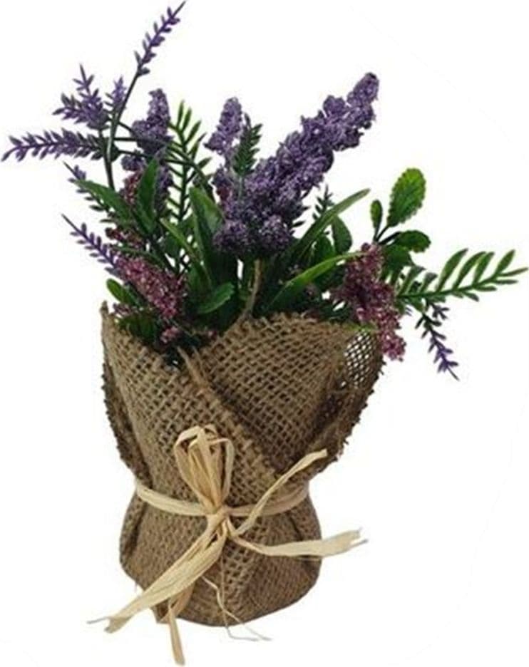 SET 12PZ PIANTA ARTIFICIALE CON VASO SACCO IN JUTA CON FIOCCO DECORATIVO Ø8X20CM 241245