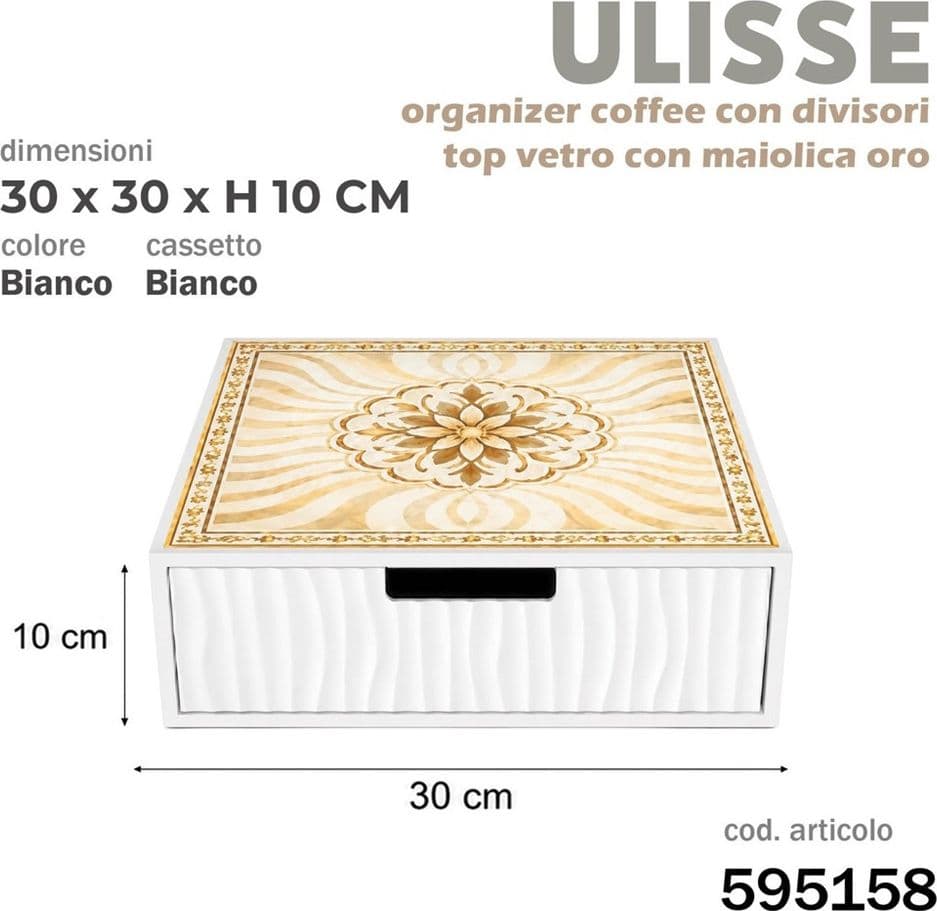 CASSETTO ORGANIZER PORTA CAPSULE CIALDE BIANCO TOP VETRO CON MAIOLICA ORO DIVISORI 595158 - 2