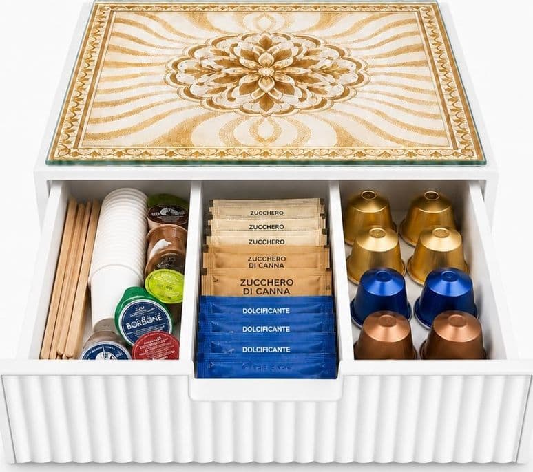CASSETTO ORGANIZER PORTA CAPSULE CIALDE BIANCO TOP VETRO CON MAIOLICA ORO DIVISORI 595158 - 4
