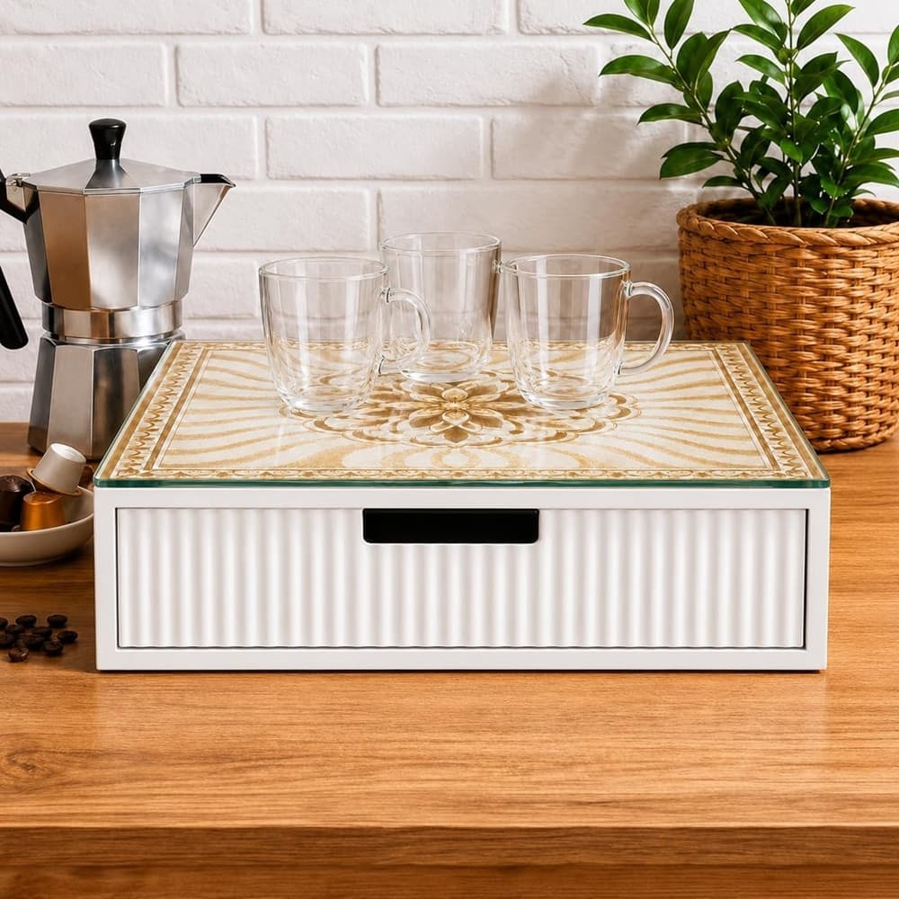 CASSETTO ORGANIZER PORTA CAPSULE CIALDE BIANCO TOP VETRO CON MAIOLICA ORO DIVISORI 595158 - 5