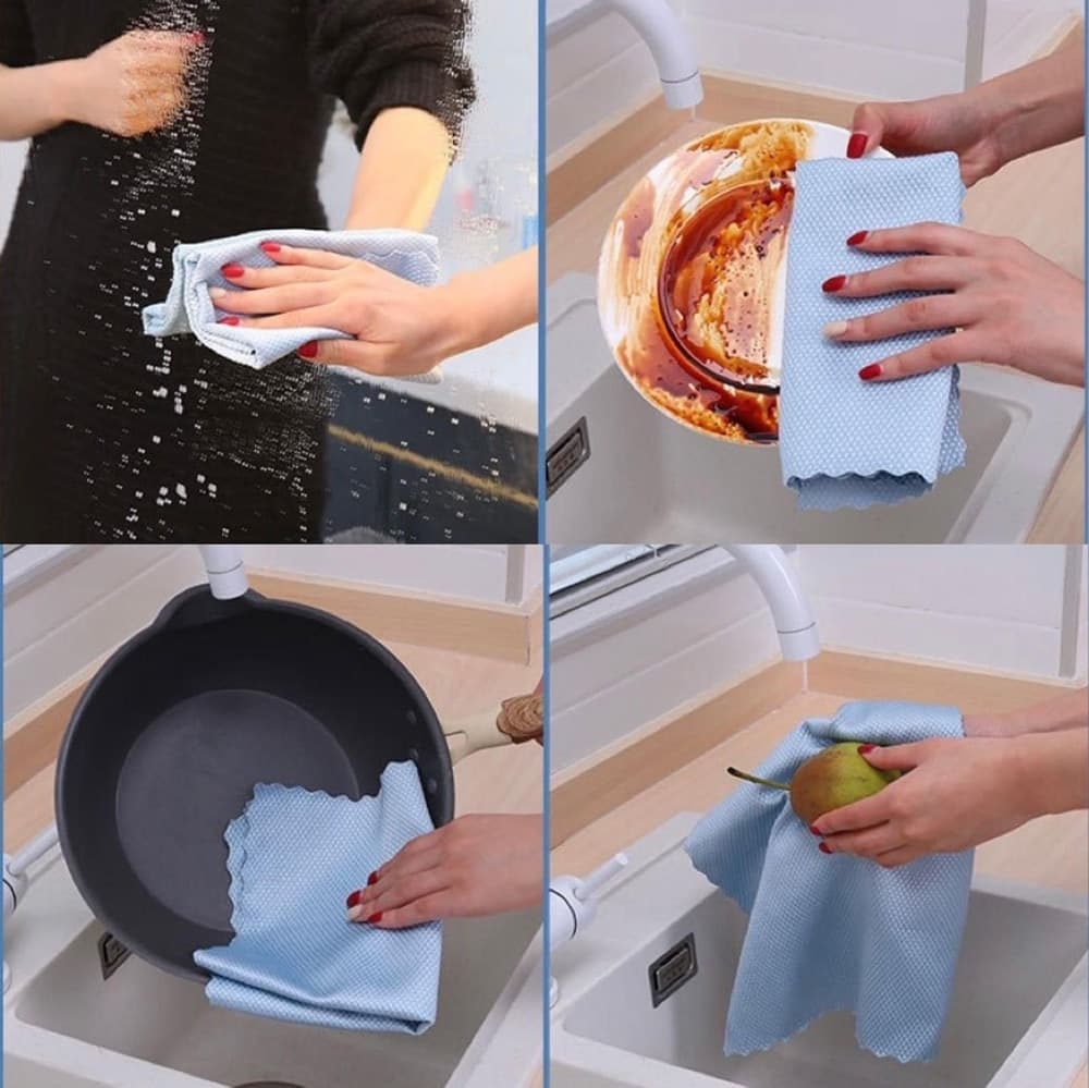SET 5PZ PANNI PER PULIZIA VETRI STOVIGLIE SUPERFICI TRAMA A SQUAME DI PESCE RIUTILIZZABILE - 2