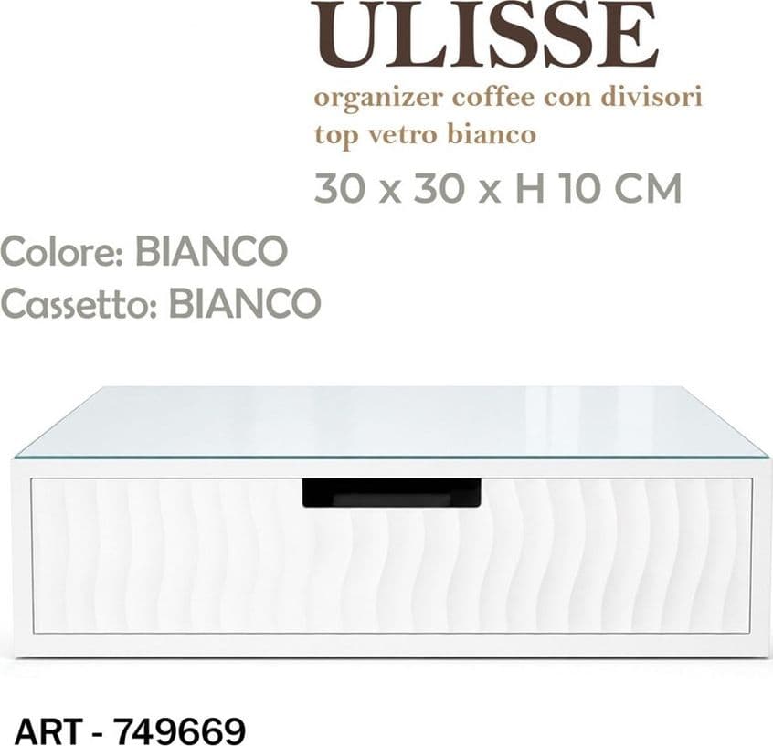 CASSETTO ORGANIZER PORTA CAPSULE CIALDE BIANCO TOP IN VETRO BIANCO CON DIVISORI 749669 - 2