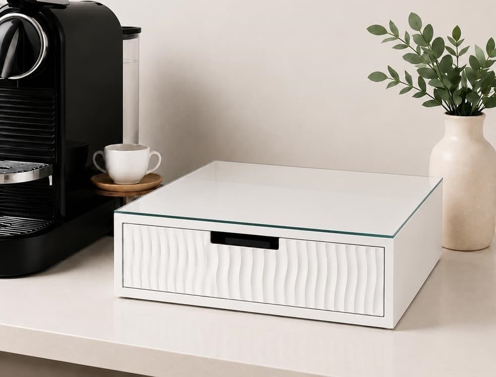 CASSETTO ORGANIZER PORTA CAPSULE CIALDE BIANCO TOP IN VETRO BIANCO CON DIVISORI 749669 - 4