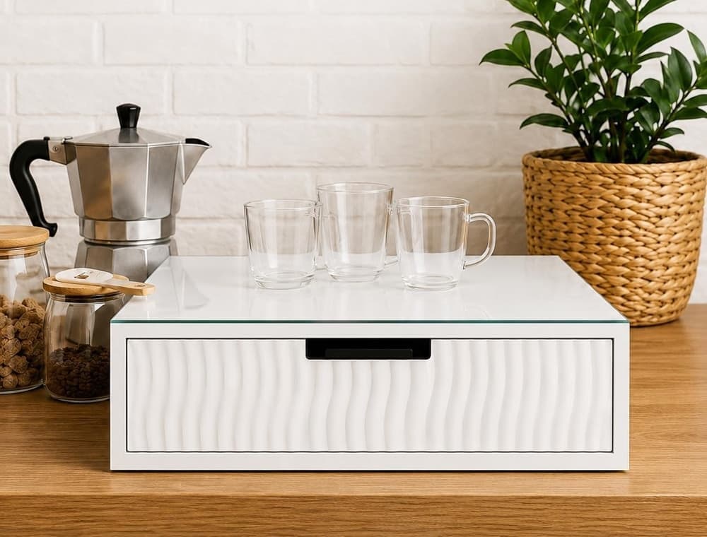 CASSETTO ORGANIZER PORTA CAPSULE CIALDE BIANCO TOP IN VETRO BIANCO CON DIVISORI 749669 - 5