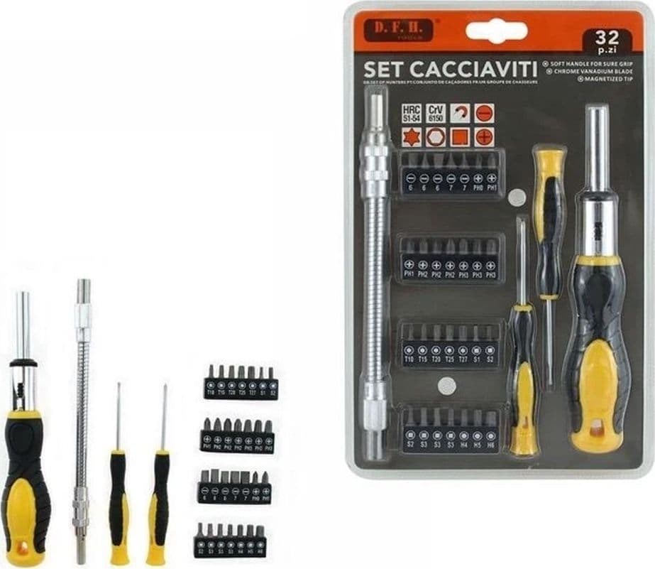 SET CACCIAVITI ATTREZZI DA 32PZ CON SUPPORTO MAGNETICO PROLUNGA FLESSIBILE INSERTI 74693 - 2