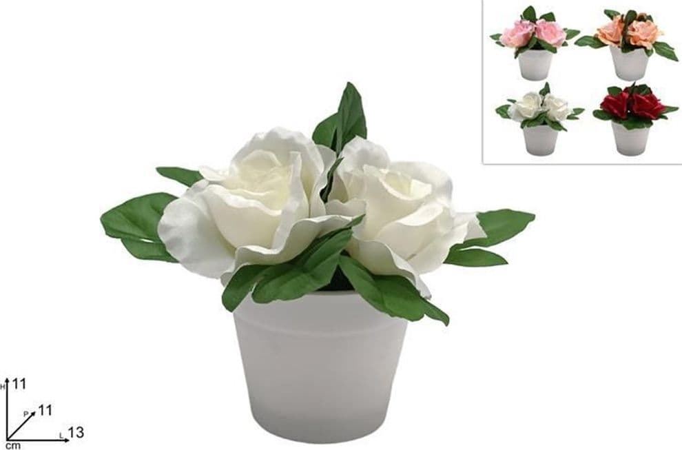 SET 12 PZ PIANTINA DI ROSE ARTIFICIALE CON VASO ROTONDO BIANCO IN 4 COLORI 659298 - 2