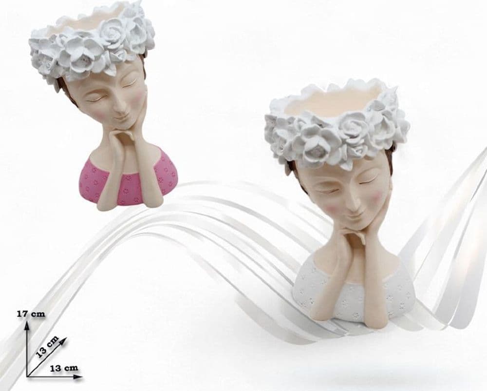 VASO PORTAPIANTA STATUA DONNA CON CORONA DI FIORI BIANCHI IN POLIRESINA 13X13X17HCM 9016145 - 2