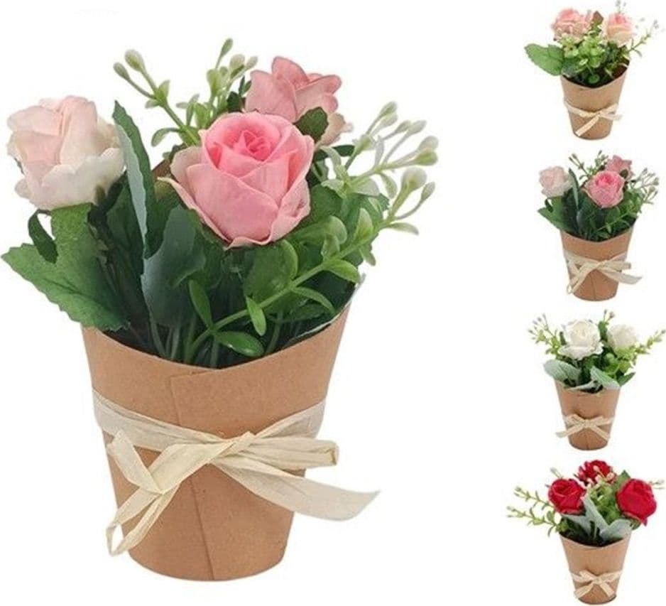 SET 12 PZ BOUQUET DI FIORI FINTI PIANTINA ROSE IN 4 COLORI CON CARTONCINO FIOCCO 656891