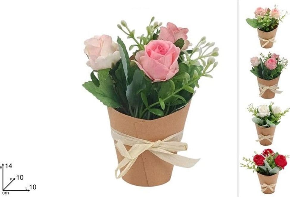 SET 12 PZ BOUQUET DI FIORI FINTI PIANTINA ROSE IN 4 COLORI CON CARTONCINO FIOCCO 656891 - 2