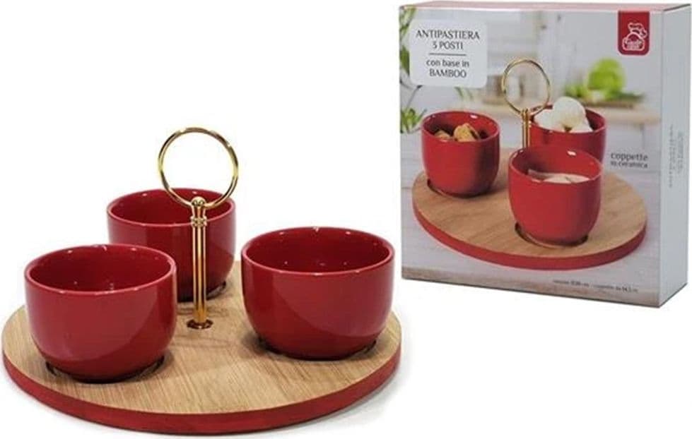 ANTIPASTIERA A 3 COPPETTE ROSSA IN CERAMICA CON VASSOIO BASE ROTONDA IN BAMBÙ CENTROTAVOLA - 2