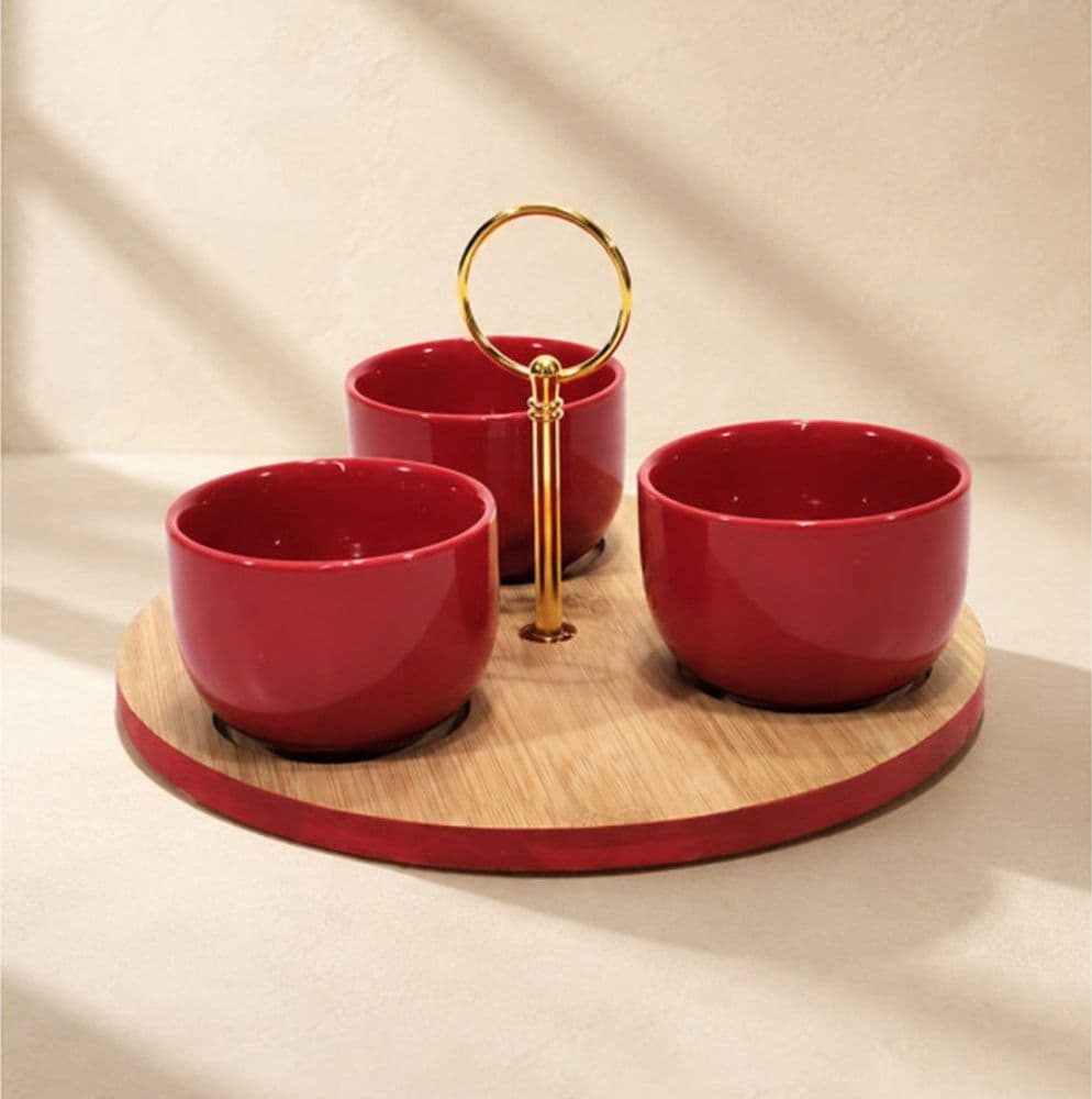 ANTIPASTIERA A 3 COPPETTE ROSSA IN CERAMICA CON VASSOIO BASE ROTONDA IN BAMBÙ CENTROTAVOLA - 3