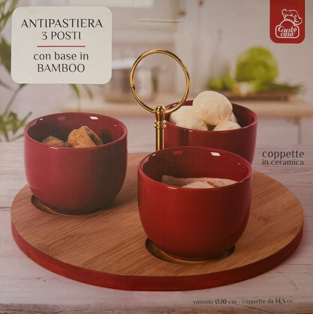 ANTIPASTIERA A 3 COPPETTE ROSSA IN CERAMICA CON VASSOIO BASE ROTONDA IN BAMBÙ CENTROTAVOLA - 6