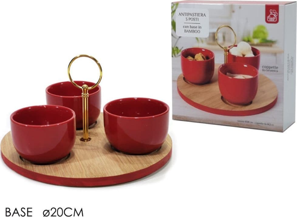ANTIPASTIERA A 3 COPPETTE ROSSA IN CERAMICA CON VASSOIO BASE ROTONDA IN BAMBÙ CENTROTAVOLA - 8