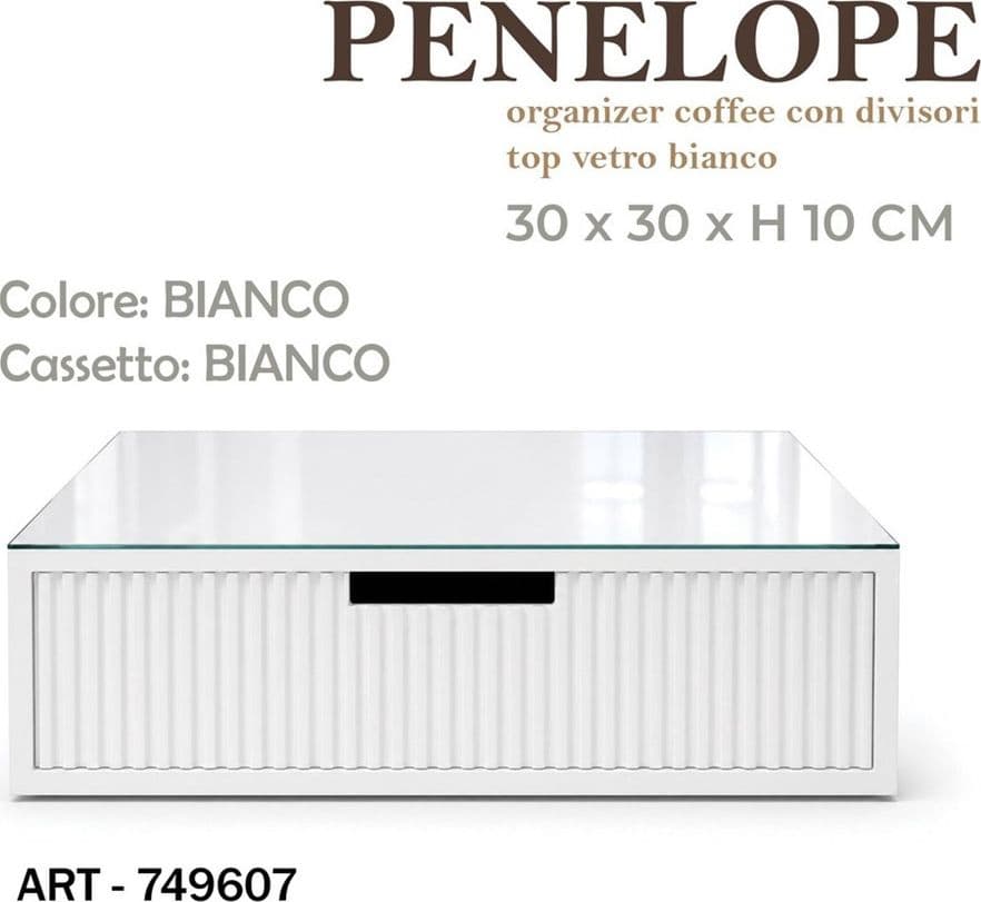 CASSETTO ORGANIZER PORTA CAPSULE CIALDE BIANCO TOP VETRO BIANCO CON DIVISORI 749607 - 2