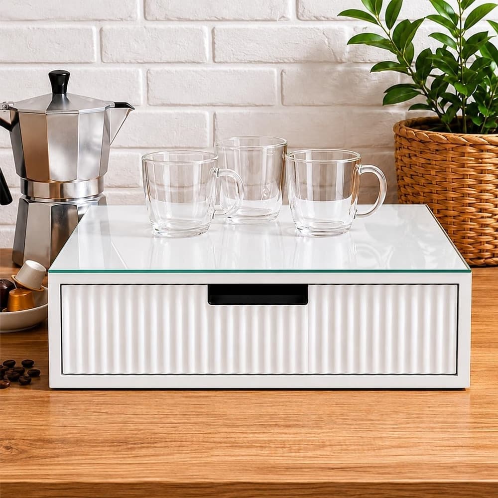 CASSETTO ORGANIZER PORTA CAPSULE CIALDE BIANCO TOP VETRO BIANCO CON DIVISORI 749607 - 5
