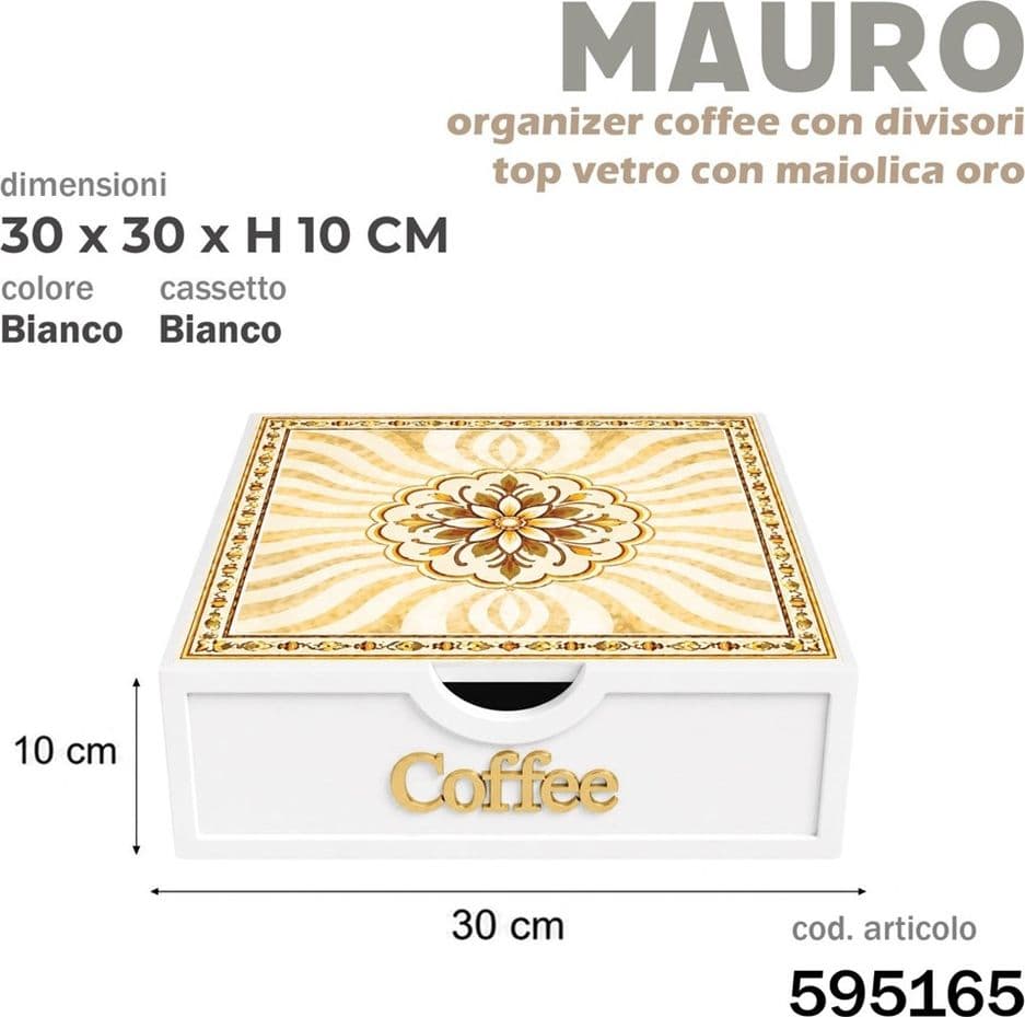 CASSETTO ORGANIZER PORTA CAPSULE CIALDE BIANCO COFFEE TOP VETRO MAIOLICA ORO DIVISORI 595165 - 2