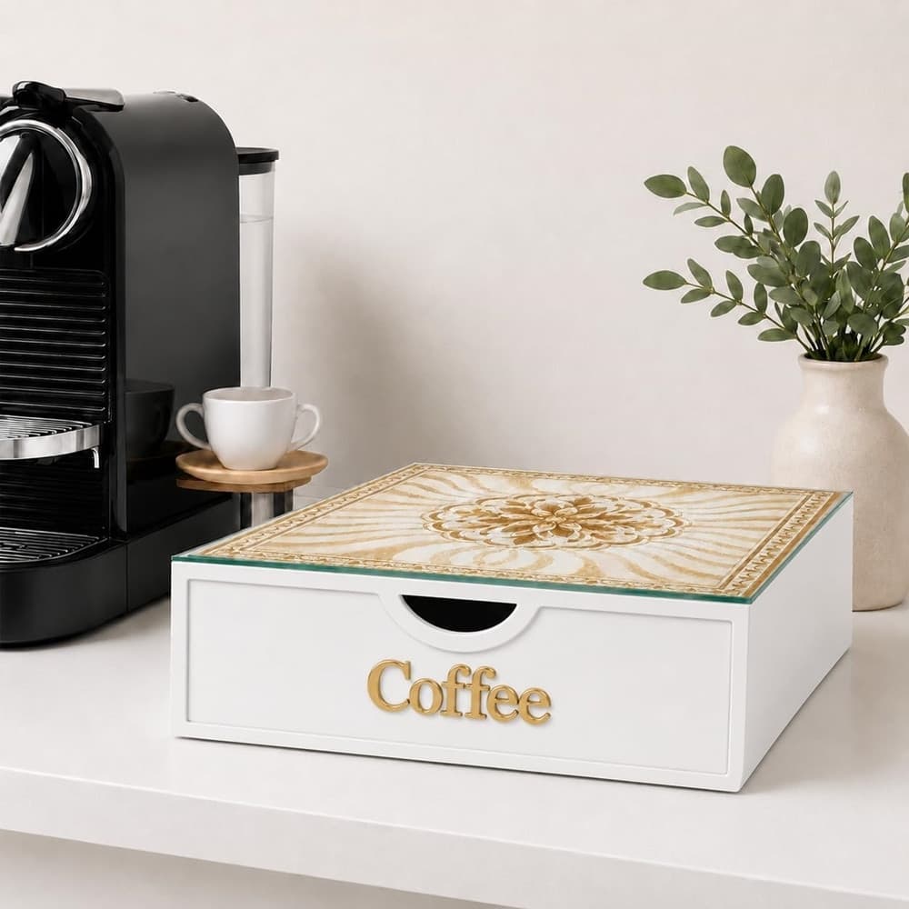 CASSETTO ORGANIZER PORTA CAPSULE CIALDE BIANCO COFFEE TOP VETRO MAIOLICA ORO DIVISORI 595165 - 3