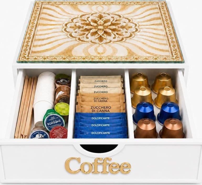 CASSETTO ORGANIZER PORTA CAPSULE CIALDE BIANCO COFFEE TOP VETRO MAIOLICA ORO DIVISORI 595165 - 4