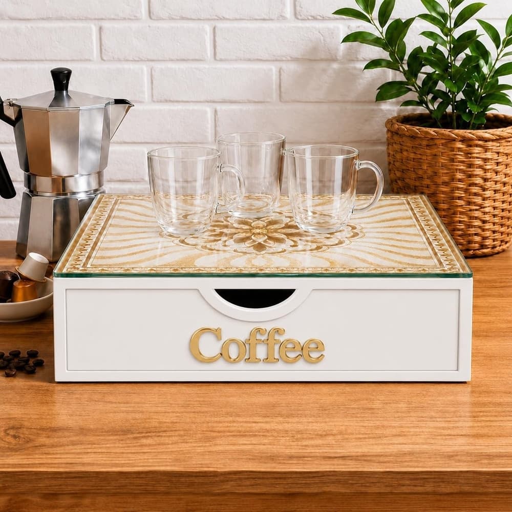 CASSETTO ORGANIZER PORTA CAPSULE CIALDE BIANCO COFFEE TOP VETRO MAIOLICA ORO DIVISORI 595165 - 5