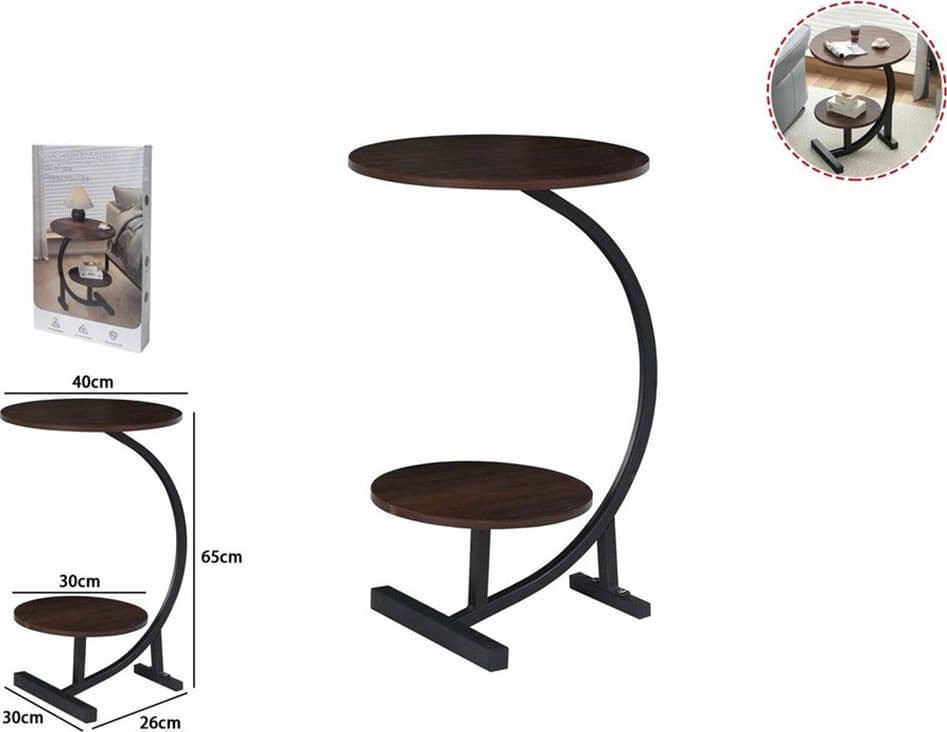 TAVOLINO A 2 LIVELLI ROTONDO FORMA DI C IN METALLO CON RIPIANI IN LEGNO PER SALOTTO 62207 - 2